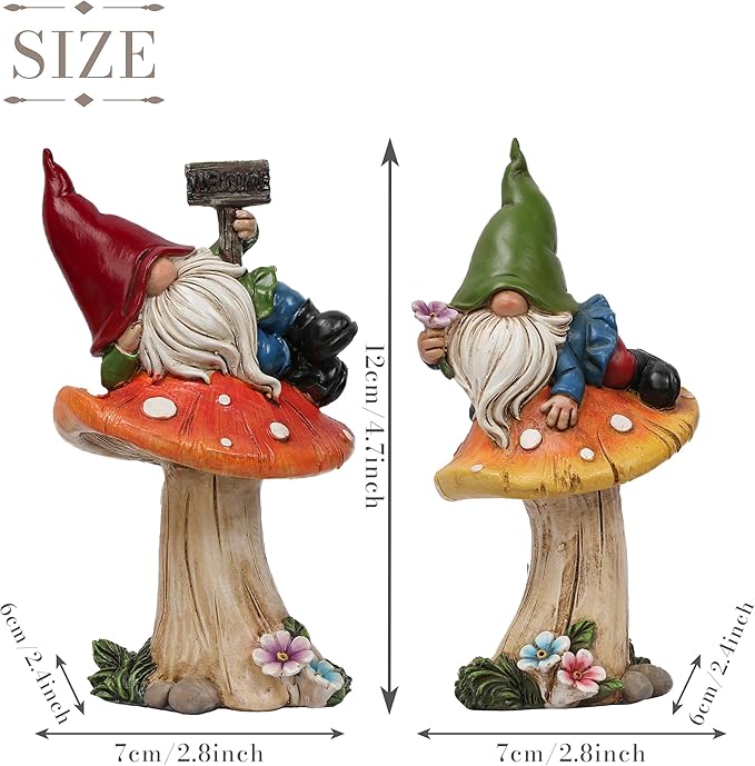 TERESA'S COLLECTIONS Garden Gnomes on Mushroom, Set of 2 Cute Resin Gnome Statues for Yard, Outdoor Patio Porch Lawn, Ideal Gift for Dad Mom Birthday, Outside Decor Housewarming Gifts
