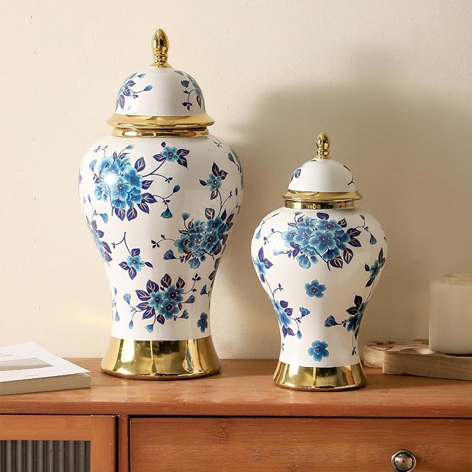Ginger Jars for Home Decor, White and Gold Vase, Porcelain Ginger Jar Chinoiserie Blue and White Vase with Gold Trim and Floral Pattern, Ceramic Flower Vase for Home, Temple and Storage Jars(18in)