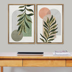 SIGNFORD Framed Canvas Print Wall Art Set Jungle Palm Leaf Geometric Polygons Abstract Shapes Illustration Modern Art Decorative Nordic Nature for Living Room, Bedroom, Office - 24"x36"x2 Natural