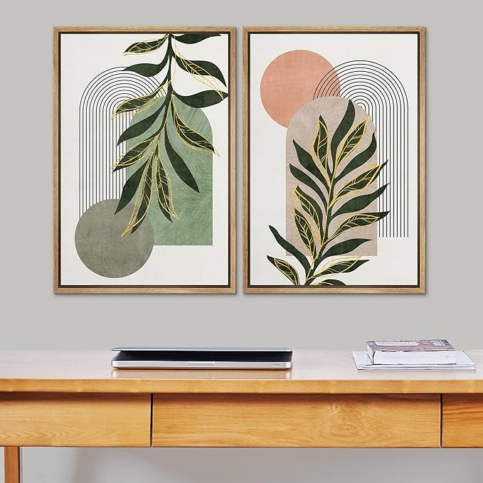 SIGNFORD Framed Canvas Print Wall Art Set Jungle Palm Leaf Geometric Polygons Abstract Shapes Illustration Modern Art Decorative Nordic Nature for Living Room, Bedroom, Office - 24"x36"x2 Natural