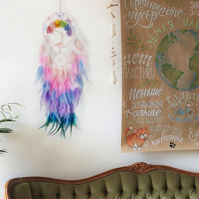 7 Chakras Dream Catchers Tree of Life Dream Catcher Colorful Feather Butterfly Dreamcatcher Wall Decor with Rainbow Healing Crystal Stone Wall Art for Bedroom Home Decor Bless Gift Wedding Party