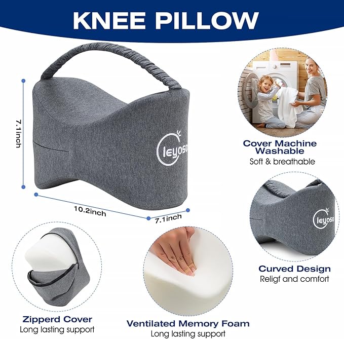 Side Sleepers Knee Leg Pillow Leg Pillow for Side Sleeping with Strap,100% Memory Foam Wedge Contour Spacer Cushion for Back, Hip Knee Pregnancy Sciatica Pain Relief Free Sleep Grey