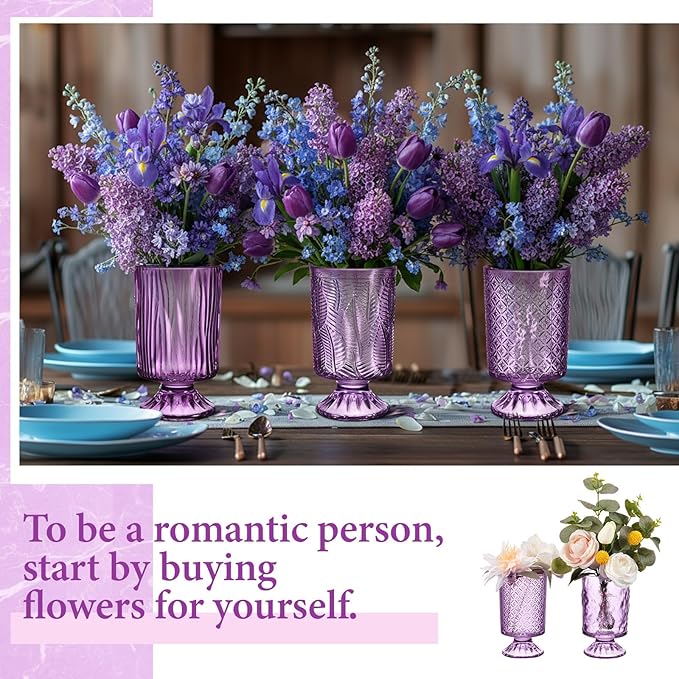 6 Pcs (H:7" W:4") Embossed Flower Vase Fall Pedestal Glass Vase Big Base Thickened Crystal Vintage Vases for Autumn Wedding Home Decor Table Centerpiece House Warming Gifts(Purple)