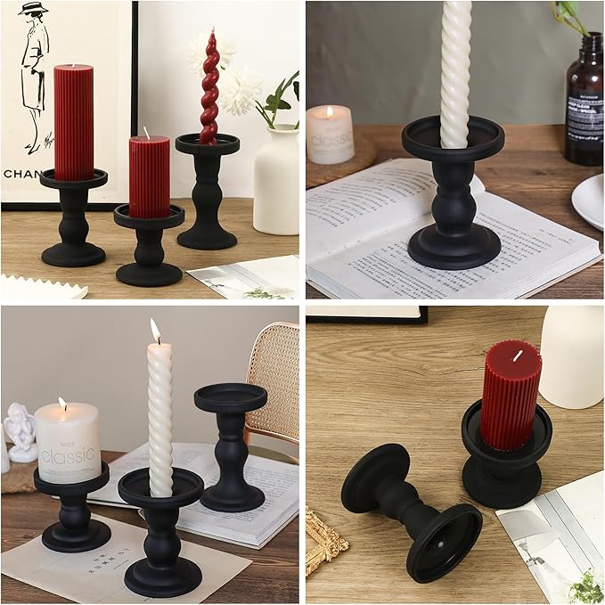 Black Glass Candle Holders Set of 3 Clear Candlestick Holder Vintage Candle Stands for Pillar Taper Candle Tea Light Home Decor Table Centerpieces Halloween, Candleholder Sets with 4 Pcs Taper Candles