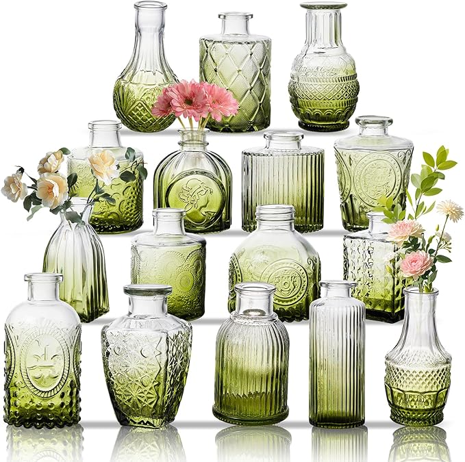 Glass Bud Vase Set of 16, Small Flower Vases, Glass Vases for Centerpieces, Vintage Home Table Decorations Bud Vases (16 Pcs, Green)