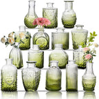 Glass Bud Vase Set of 16, Small Flower Vases, Glass Vases for Centerpieces, Vintage Home Table Decorations Bud Vases (16 Pcs, Green)