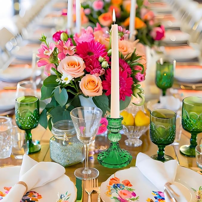 Glass Candlestick Holder,Striped Taper Candle Holders,Set of 6 Candle Stand for Table Centerpieces, Home Decor,Weddings,Festival and Parties (Green Stripe Pattern)