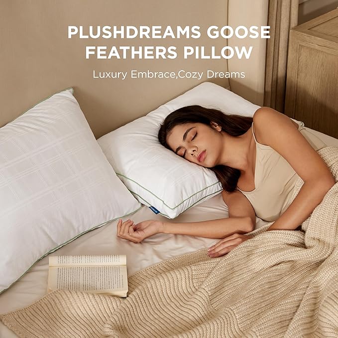 Bedsure Luxury Goose Feathers Down Pillow - 300 Thread Count Cotton Cover Gusseted Hotel Collection Bed Queen Pillow, Ultra-Soft High Elasticity Sorona Fiber Layer Pillows (2, Green, Queen)