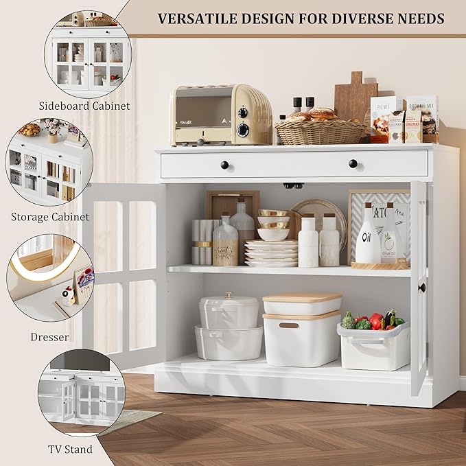 GarveeHome 35.4 in Sideboard Buffet Cabinets with Glass Door, Buffet Cabinet with Storage, White Sideboard Cabinet with Drawer, Modern Buffets & Sideboards for Dining Room, Kitchen