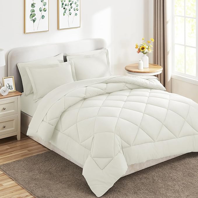 CozyLux Queen Comforter Set Ivory - Bed in a Bag Queen Size 7 Pieces, Luxury Soft Bed Set for All Seasons, Bedding Set with Down Alternative Comforter, Sheets, Pillowcases & Shams