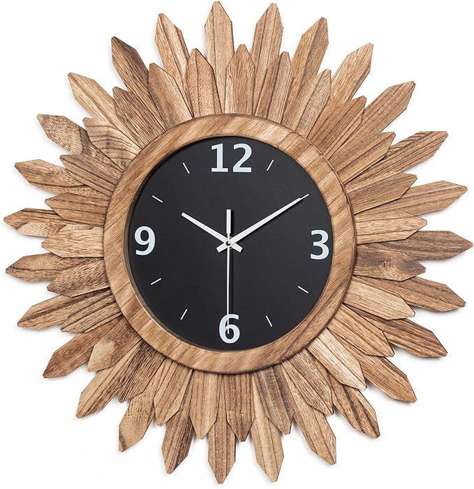 Honiway Large Wall Clock Battery Operated 21 in Rustic Wood Boho Sunburst Decorative Wall Clock Silent Non Ticking Farmhouse Wall Clocks for Living Room Bedroom Kitchen Bathroom Decor (Rustic Brown)