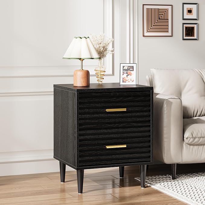 Alohappy Nightstands, Mid Century Modern Night Stands, Fluted Bedside Table for Bedroom, End Table with Storage Drawers, Vintage Bed Side Table Wood Accent Table for Living Room, Black 1pc