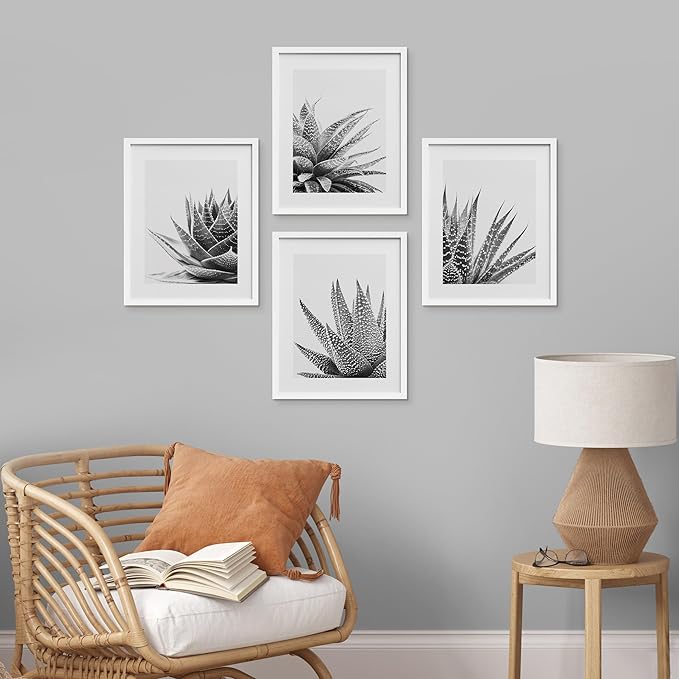 SIGNWIN Framed Black White Snake Plant Agave Cactus Succulent Wall Art, Set of 4 Floral Botanical Wall Decor Prints, Nature Wilderness Wall Décor for Living Room, Bedroom - 12"x16" White