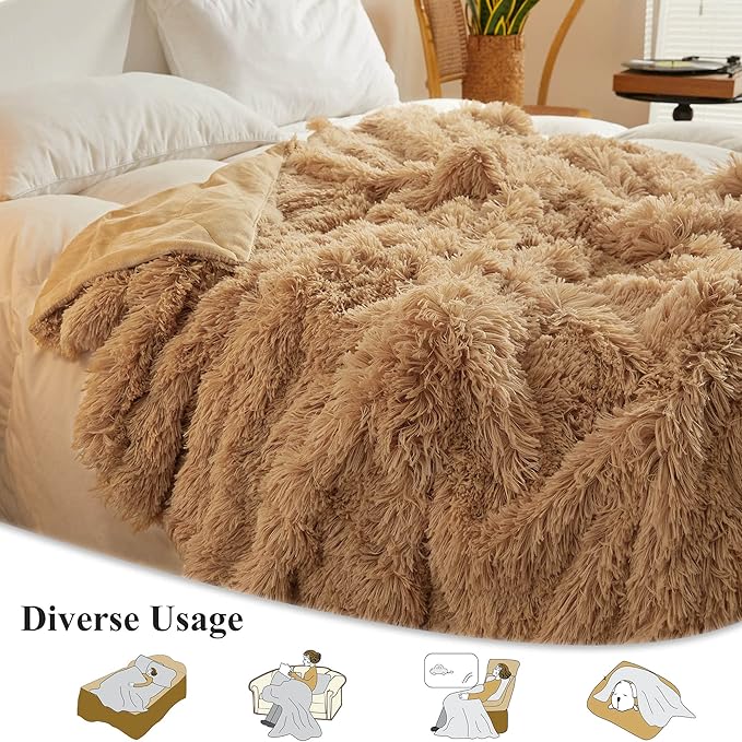 XeGe Plush Faux Fur Throw Blanket, Camel Luxurious 50x60 Shaggy Furry Blanket, Fluffy Microfiber Velvet Couch Throw, Ultra Soft Fuzzy Office Throw, Winter Fall Lap Blanket for Sofa Bed Camel