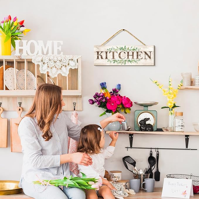 Bathroom Kitchen Laundry Pantry Sign Wall Decor 4 Piece, Wall Art with Plant Print, Rustic Farmhouse Wall Hanging Plaque Home Kitchen Decorative Bathroom, 4.7 x 13.7 inches