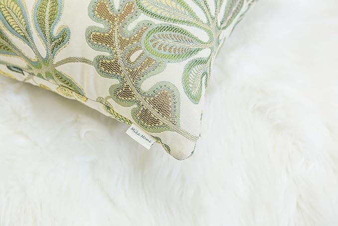 Mika Home Set of 2 Jacquard Tropical Leaf Pattern Oblong Throw Pillow Covers Accent Pillowcase 12X20 Inches,Green Cream