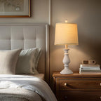 QiMH Farmhouse Table Lamp Set of 2, Rustic Table Lamps for Living Room, Vintage Nightstand Lamp with Rotary Switch, Beside Lamps for Bedroom, Traditional Table Lamps with Linen Shade, Antique White