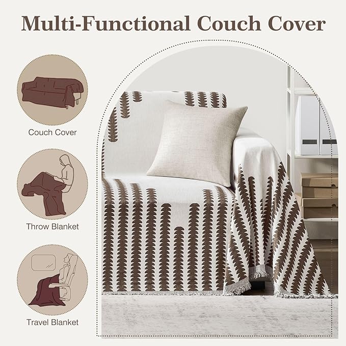 Couch Cover Boho for Dogs Washable Mocha Couch Covers for 2 Cushion Couch, Chenille Sectional Couch Covers L Shape Sofa Cover, Furniture Protector for Kids, Pets, Mocha 71" X134"