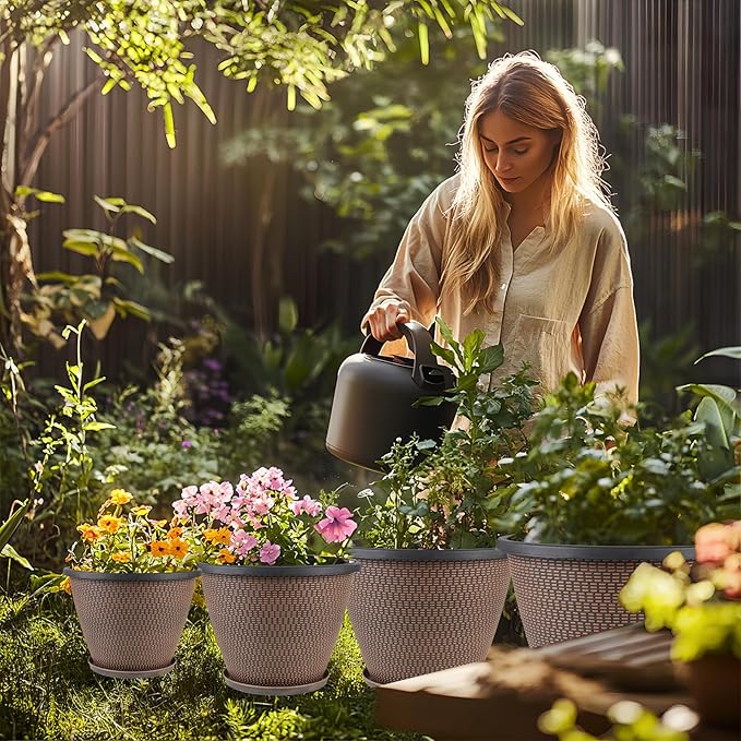 4 Pack 8 inch Plant Pot, Plastic Pots for Plants Indoor, Round Planters for Outdoor Plants with Drainage Holes & Trays, Decorative Flower Pots Garden Containers Sets for Houseplants (Black Copper)