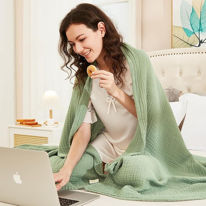 EMME Cotton Twin Blanket for Couch Soft Airy Muslin Bed Blankets Lightweight Breathable Blanket All Season Gauze Blanket, Sage Green