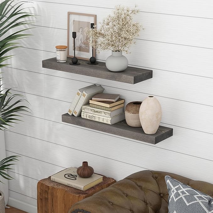 Marsmiles 30 Inch Floating Shelves for Wall - Rustic Grey Wood Floating Shelves Set of 2-30 Inch Wide x 7.7 Inch Deep x 1.6 Inch Thick Wooden Shelves for Room Wall