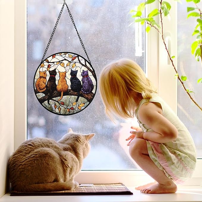 Stained Glass Window Hanging - 5 Cats on a Branch Suncatcher for Window Doors Home Decoration and Christmas, Mother's Day Father's Day Birthday Gifts for Women, Men, and Mom 6.3x6.3 in