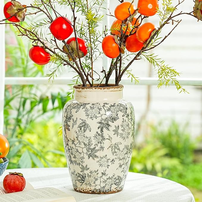 Sungmor Ceramic Flower Vase, Vintage Ice Cracked Glaze Porcelain Vase, Pretty Home Decor Vase for Flower Arrangement, Fresh Flowers, 10.2 Inch Tall Chinoiserie Pottery Vase, Gray Floral Pattern
