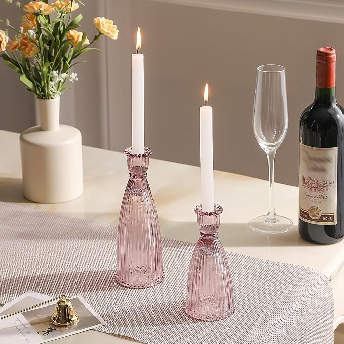 Vertical Stripe Candlestick Holders Set of 3, Premium Glass Candle Holders for Candlesticks and Taper Candles, Vintage Candle Holder Decor for Table Centerpiece, Pink