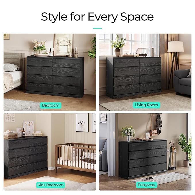 LINSY HOME 8 Drawer Dresser for Bedroom, 53" Wide Chest of Deep Drawers, Modern Farmhouse Wood Dressers with Storage, Large Drawer Organizer for Bedroom, Living Room, Handless Design, Black