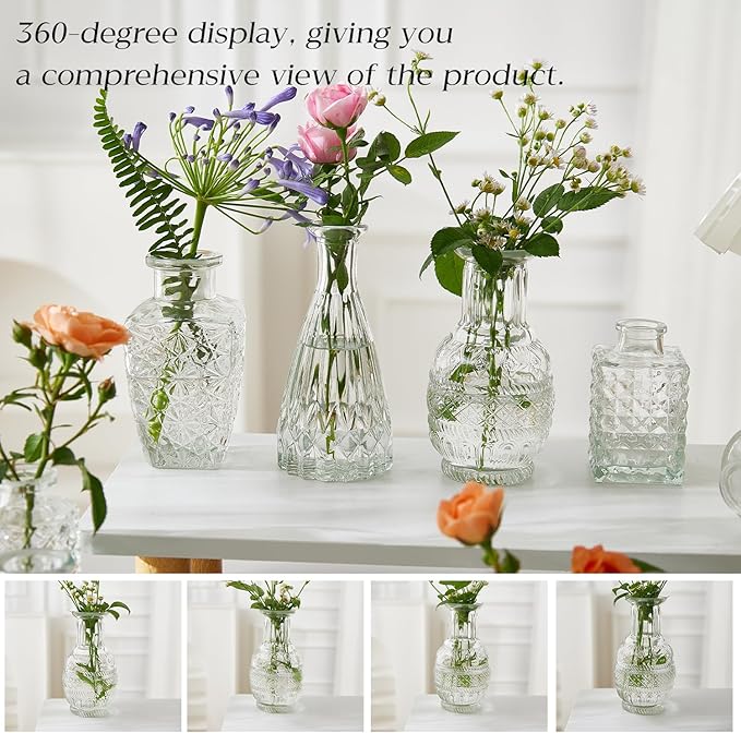 Glass Bud Vase Set of 20 - Small Vases for Flowers in Bulk - Assorted Vintage Crystal Vases for Flowers, Table Centerpieces (Clear, 20 Pcs)