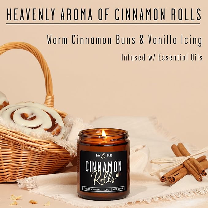 Cinnamon Candle, Fall Candles, Christmas Candles - 'Cinnamon Rolls' Autumn Scented Soy Candle for Home, 9oz Reusable Jar, 50Hr Burn, Made in USA