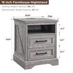 ACCOHOHO 18" Farmhouse Nightstand with Charging Station,End Table with 2 Drawers Storage,Side Table,Bedside Cabinet for Bedroom,Living Room,Grey