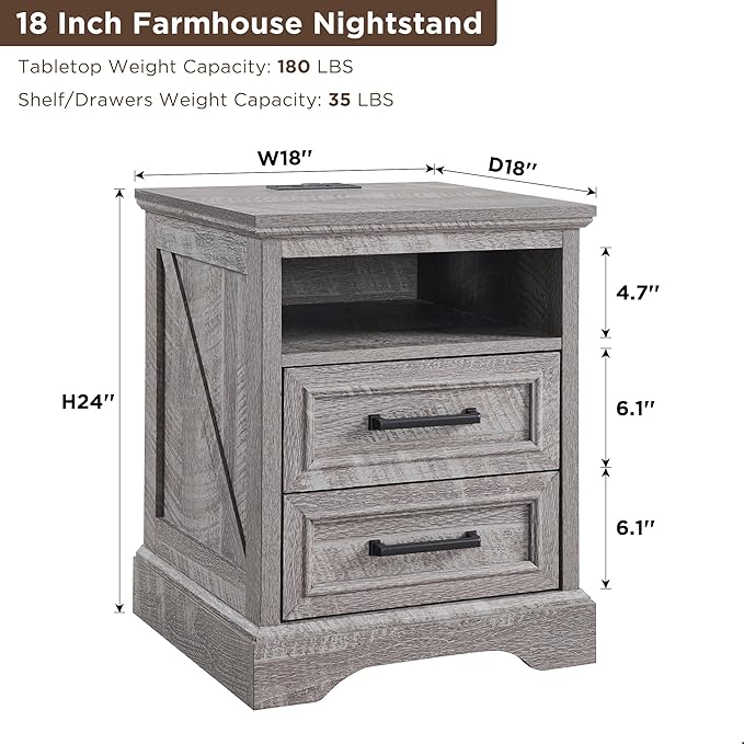 ACCOHOHO 18" Farmhouse Nightstand Set of 2 with Charging Station,End Table with 2 Drawers Storage,Side Table,Bedside Cabinet for Bedroom,Living Room, Grey