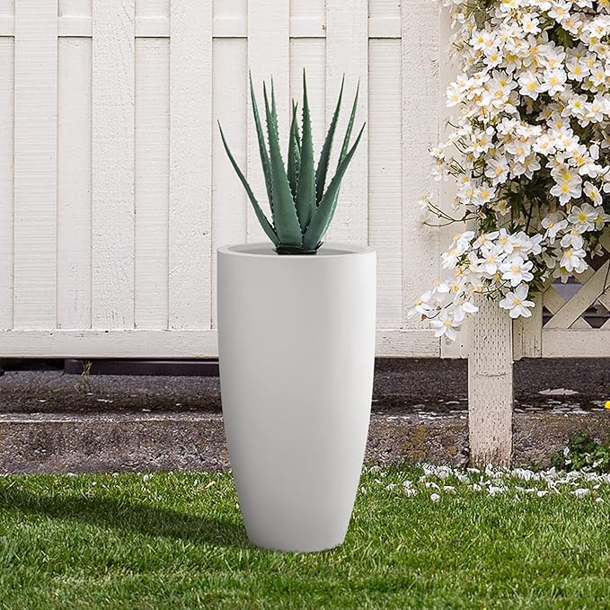 Kante 23.6" H Pure White Finish Concrete Tall Planters Large Outdoor Indoor Decorative Plant Pots with Drainage Hole and Rubber Plug, Modern Tapered Style for Home and Garden