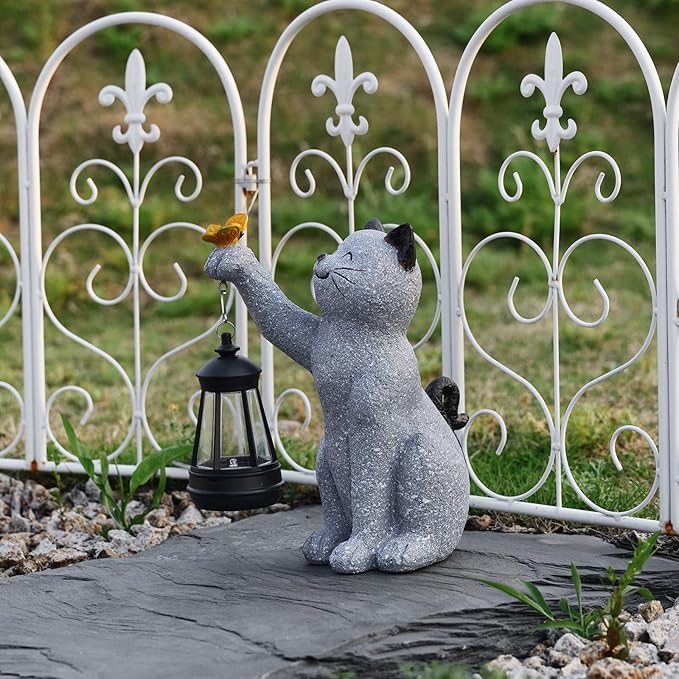 Solar Cat Garden Statue Outdoor Decor, Cat Sculpture with Lantern and Butterfly for Yard Lawn Patio Balcony, Birthday Housewarming Gifts for Mom, Grandma, Women, 9.4 inch, Resin