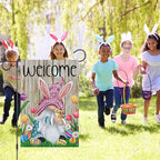 Welcome Easter Gnome Garden Flag 12x18 Double Sided Burlap, Funny Bunny Floral Small Yard Flag Banner for Holiday Farmhouse Outdoor Decor (ONLY FLAG)