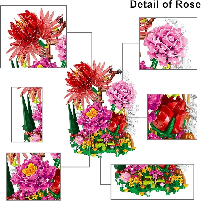 Flower Bouquet Building Kit Flowers Botanical Collection DIY Plants Bonsai Tree Friends Sets Adult Building Blocks Set Christmas New Year Birthday Gift for Girls Mom Women Girlfriend(Roses)