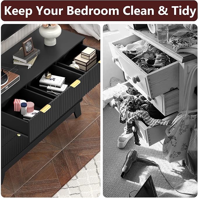 Fluted Dresser for Bedroom,7 Drawer Dresser for Closet,Storage Cabinet and Chest of Drawers with Gold Handle,TV Stand,Storage Organizer for Living Room,Hallway,Entryway,Black