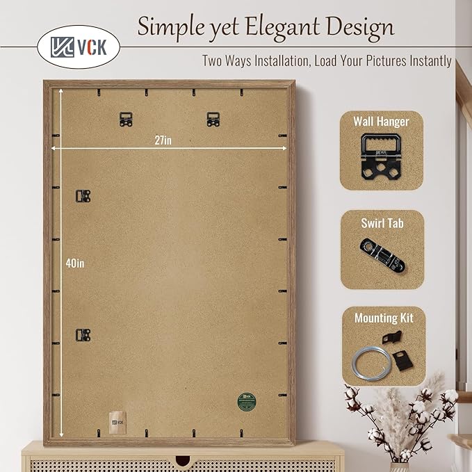 VCK 27x40 Poster Frame 3 Pack - Brown Walnut, Natural Textured Solid Wood Picture Frame, Wall Mounting Hanging