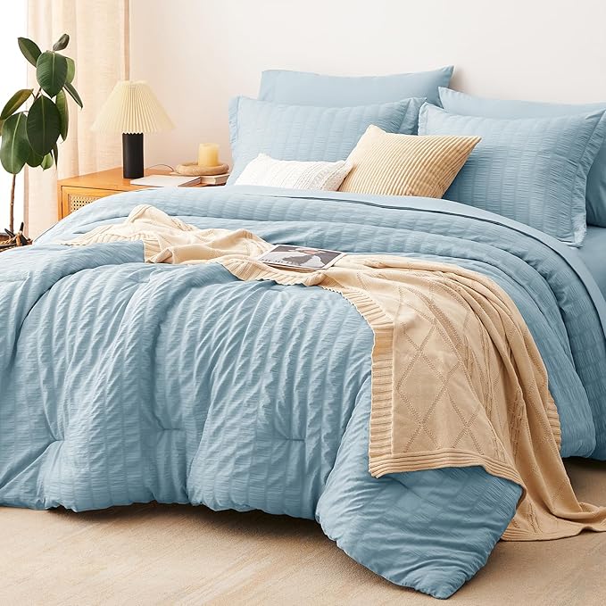 CozyLux Full Size Comforter Sets with Sheets Seersucker 7 Pieces Light Blue Bed in a Bag Textured Luxury Soft Bedding Set with Down Alternative Comforter, Sheets, Pillowcases & Shams for All Seasons