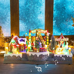 Christmas Village House Musical Christmas Collectible Buildings Rotation Train Carousel Tree in Park with LED Lights Vacation Village with USB Indoor Figurines Indoor Tabletop Decoration