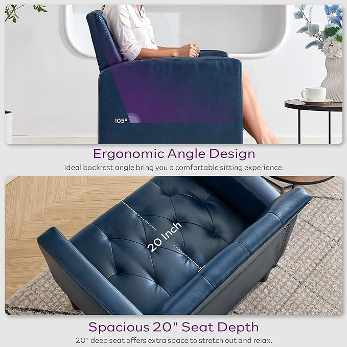 TYBOATLE Accent Chairs Set of 2 Comfy Living Room Chair Leather Tufted Mid Century Modern Accent Chair, Small Cozy Reading Arm Chair for Office, Bedroom (2, Blue)