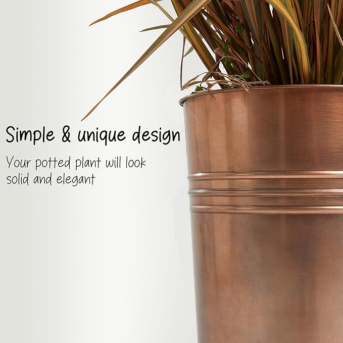 KOL 22''H 2-Pack Planter with Water Level Indicator - Galvanized Steel Pot - Self Watering Planters Flower Pot for Plant - Inner Pot Design - Round Metal Planter Box - Indoor Outdoor Planting - Bronze