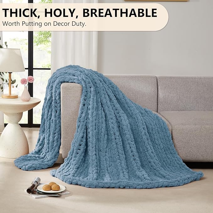 L'AGRATY Chunky Knit Blanket Throw: 60''x80'' Chenille Chunky Knitted Throw Blanket for Bed Couch - Handmade Thick Big Cable Knit Blanket - Large Crochet Rope Blanket for Home Decor(Airy Blue)