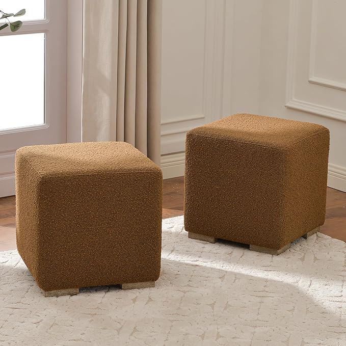 KINWELL 18.5" Wide Modern Square Boucle Upholstered Ottoman with Solid Wood Legs Set of 2, Cube Ottoman Multi-Functional Sofa Footrest, Extra Seating for Living Room, Bedroom, Fully Assembled (Brown)