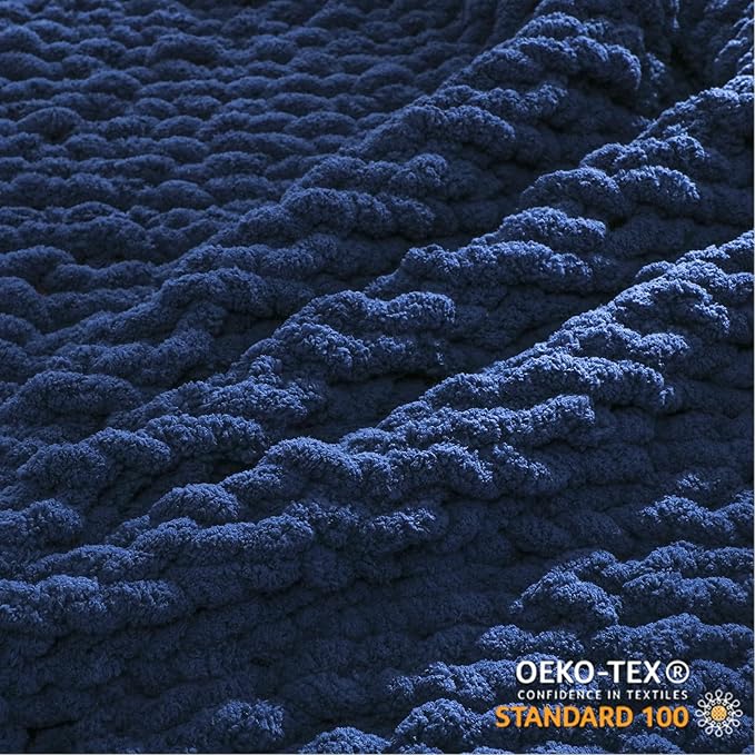 WESHIONGOO Chunky Knit Blanket Throw 50"×60" Knitted Throw Blankets for Couch Bed Fluffy Soft Blanket with Jumbo Chenille Yarn Thick 100% Handmade (Navy Blue)