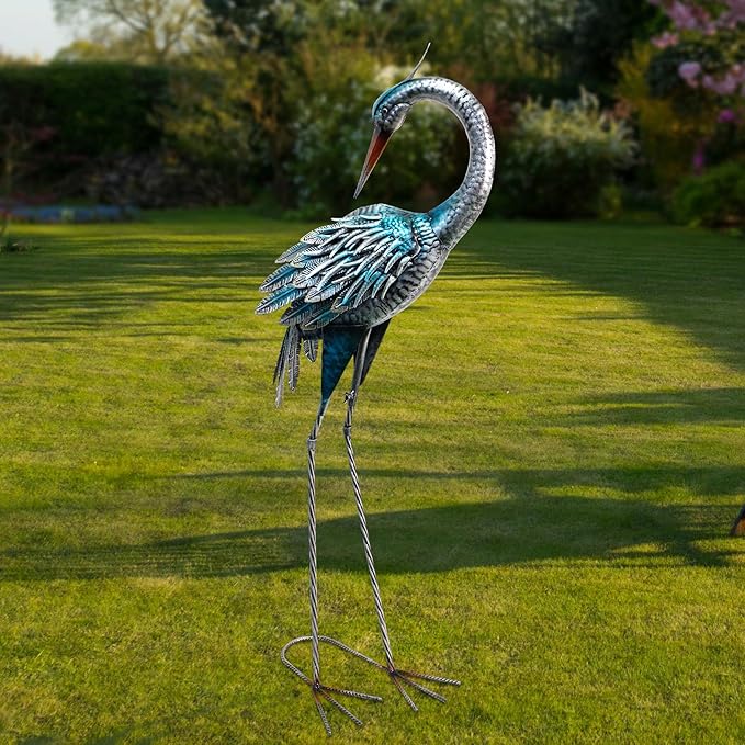 37 Inch Blue Heron Crane Statue, Metal Yard Art Outdoor Decoy, Garden Sculpture for Lawn/Pond Decoration, 1Pc, ORTBL-CR24053A-18