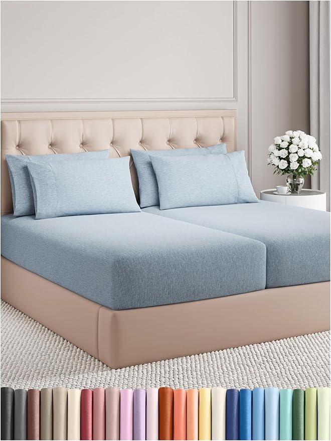 Split King Sheets Set 7 Piece - Includes 4 Pillowcases - Bed Sheets Split King - Soft Hotel Luxury Bedding - Cooling & Breathable - 1 Flat & 2 Fitted & 4 Pillowcases w/ Deep Pockets - Heathered Blue
