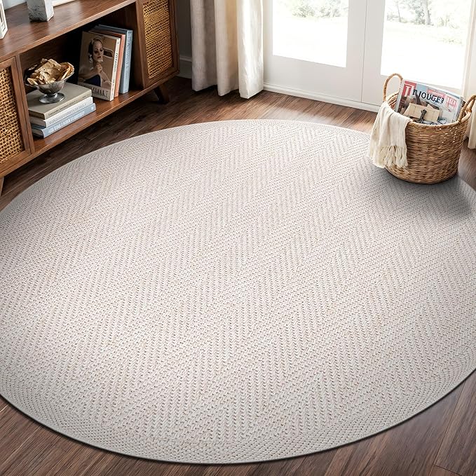 CAMILSON Easy Jute Round Rug 6ft Indoor Outdoor Off-White Color Fiber Area Rugs for Living Room and Patio Rug Herringbone Boho Woven Design Easy-Cleaning Washable Outside Carpet Alfombras (6 Round)
