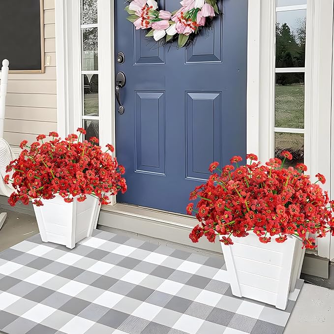 Krissing 48 Bundles Outdoor Artificial Flowers UV Resistant Fake Silk Flowers Faux Plastic Plants Outside Garden Porch Window Box Summer Decoration (Red)